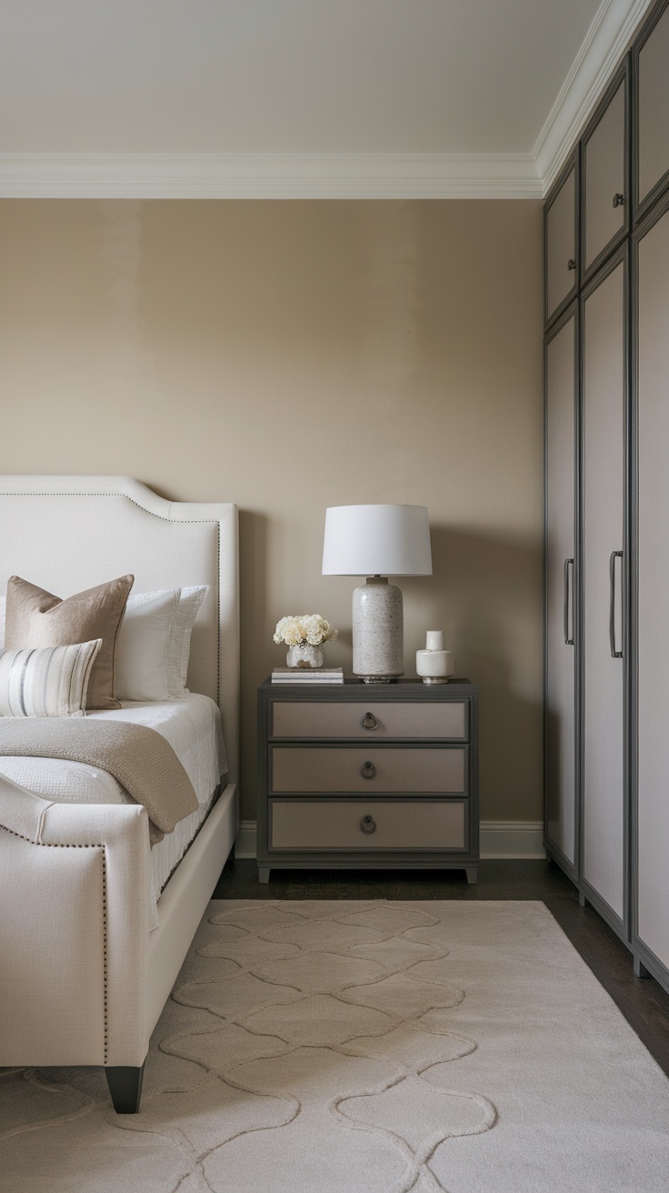 A beautifully designed bedroom with soft neutral colors, featuring a cozy bed, elegant artwork, and tasteful decorative elements.