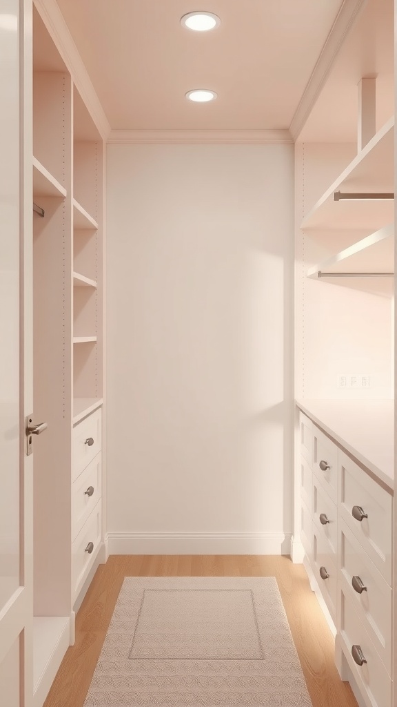 A bright and airy walk-in closet featuring soft pink walls, white cabinetry, and light wood flooring.