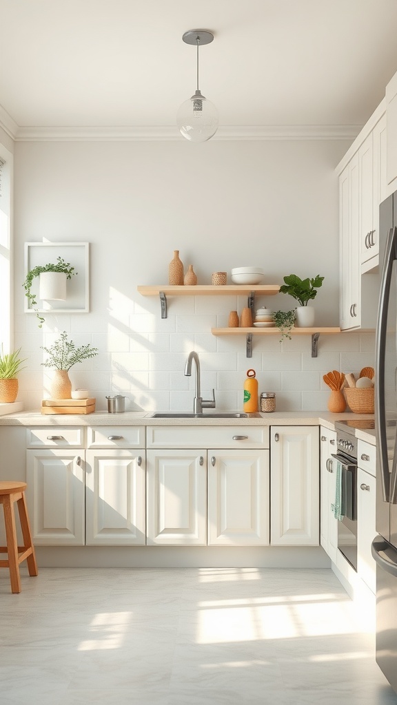 A bright kitchen with white cabinets, light countertops, and wooden shelves, accented with pastel decor and greenery.