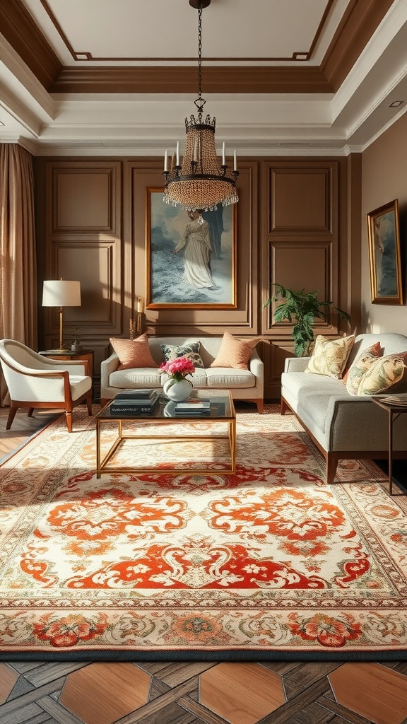 A luxurious living room featuring an ornate area rug with red and cream patterns, elegant furniture, and a chandelier.