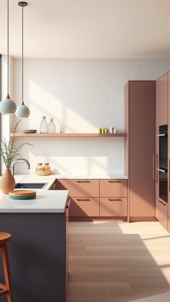A modern coastal kitchen featuring warm brown cabinetry, light wood flooring, and blue pendant lights