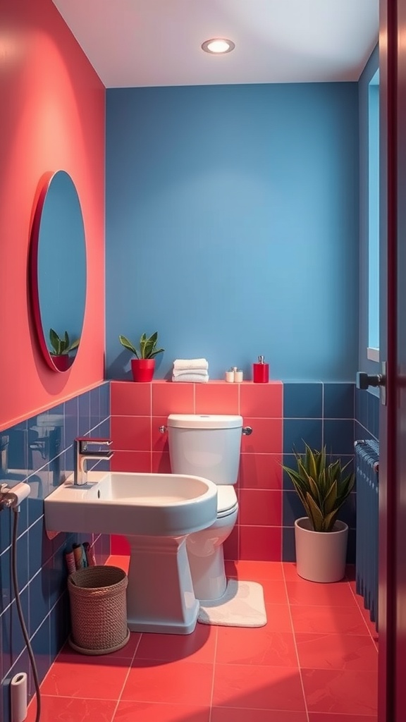 A contemporary bathroom showcasing sophisticated color blocking with pink and blue walls.