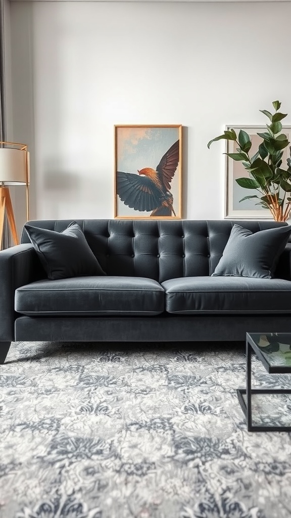 A sophisticated gray velvet couch with tufted back and plush pillows, situated in a well-decorated living room with artwork and a glass table.
