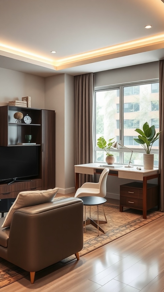 A modern home office featuring a sleek desk, comfortable seating, and metallic accents.