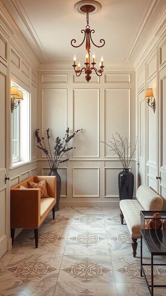 Sophisticated mudroom featuring elegant fixtures, a chandelier, and stylish seating.