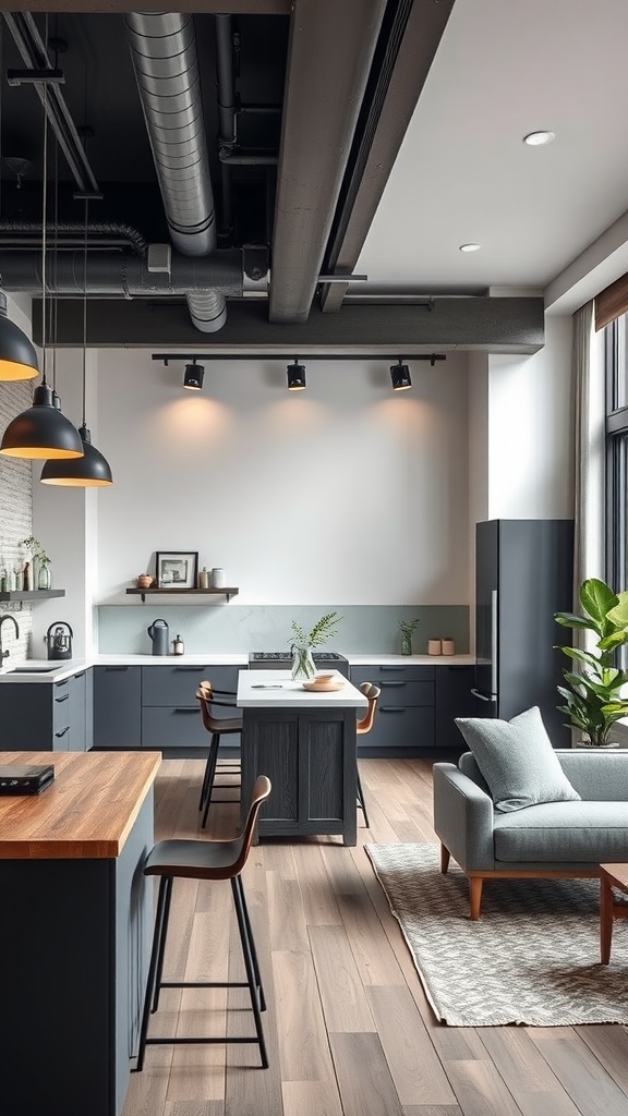 A sophisticated urban kitchen featuring dark cabinetry, a central island, and modern design elements.