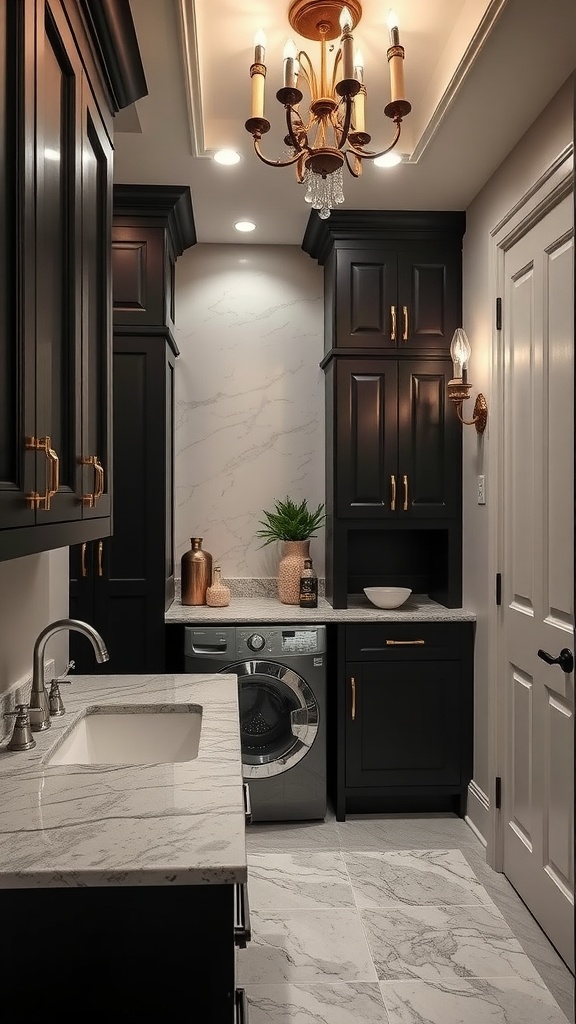 Sophisticated utility room featuring dark cabinetry, marble countertops, and elegant lighting.