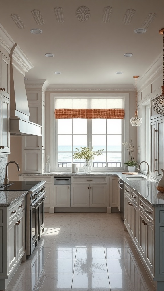 A sophisticated coastal kitchen featuring large windows with ocean view, light cabinetry, sleek countertops, and elegant decor.