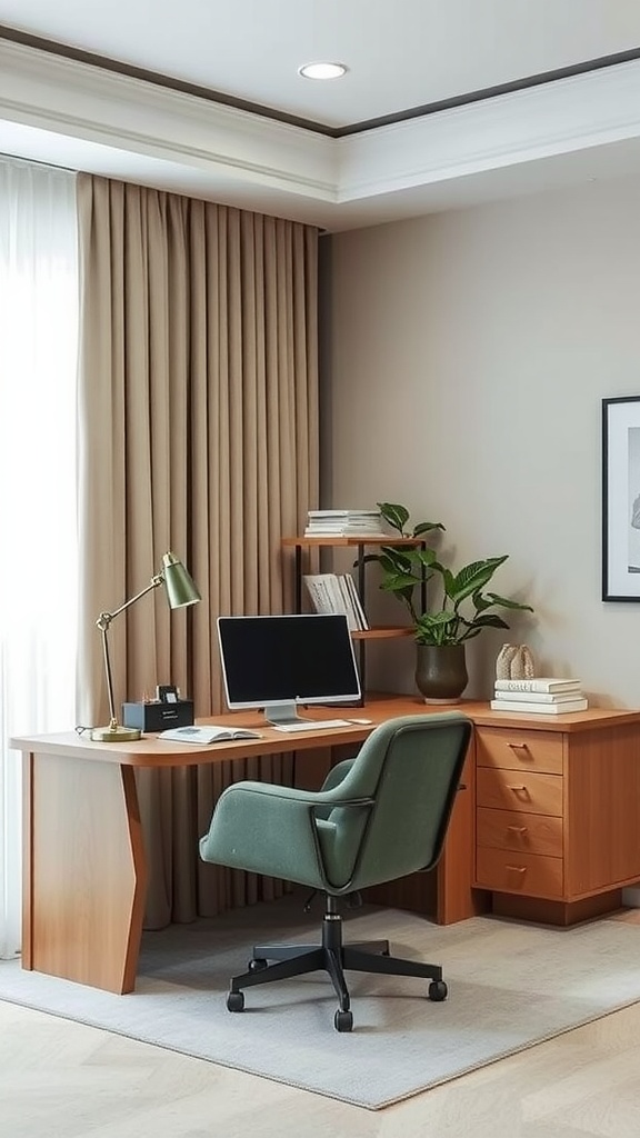 A stylish home office featuring a wooden desk, green chair, and potted plants, with natural light streaming through sheer curtains.