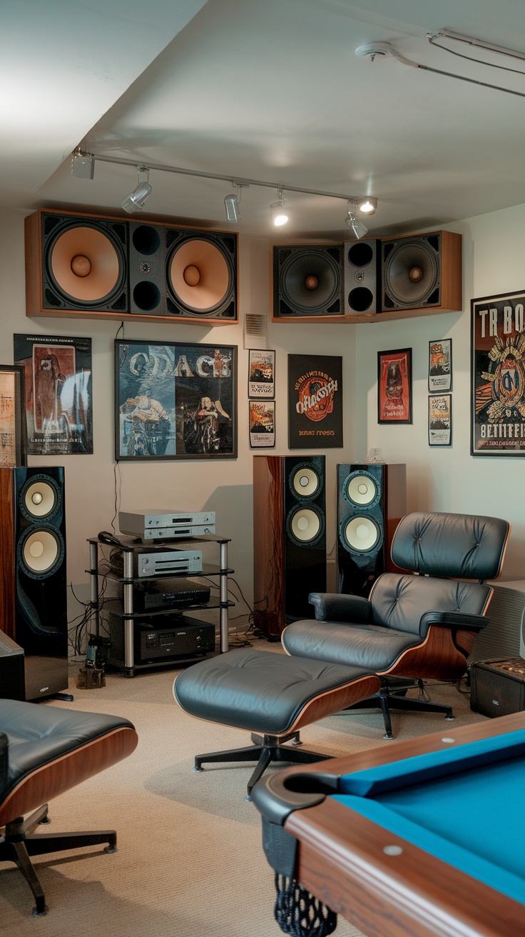A stylish sound system setup featuring speakers and a media center.