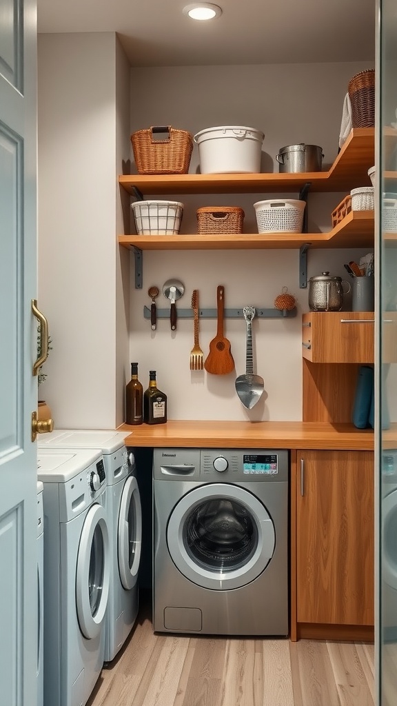 A neatly organized utility room with a washer and dryer, wooden shelves, and various storage containers.