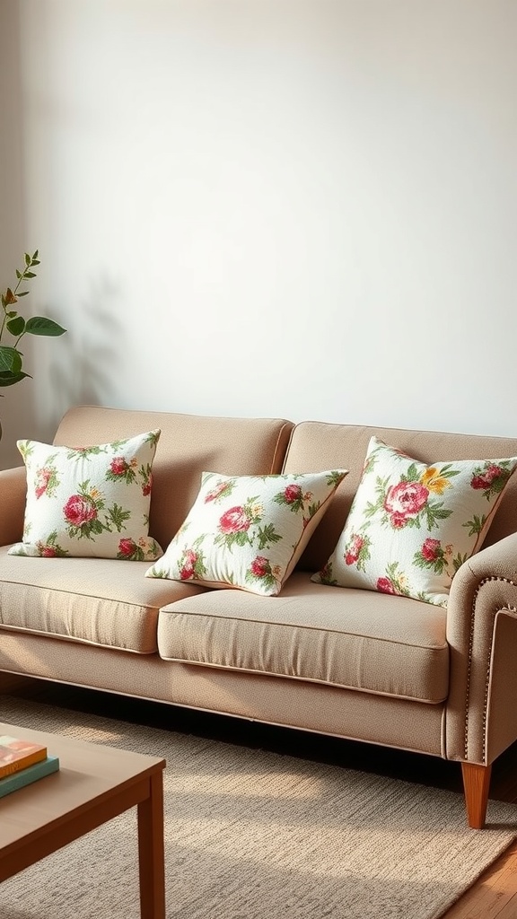 A cozy sofa with floral throw pillows, reflecting a spring theme.