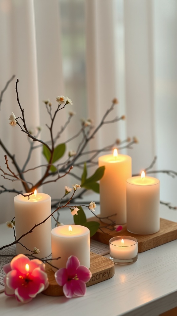 A collection of white scented candles on wooden trays with delicate flowers and branches, creating a cozy spring atmosphere.