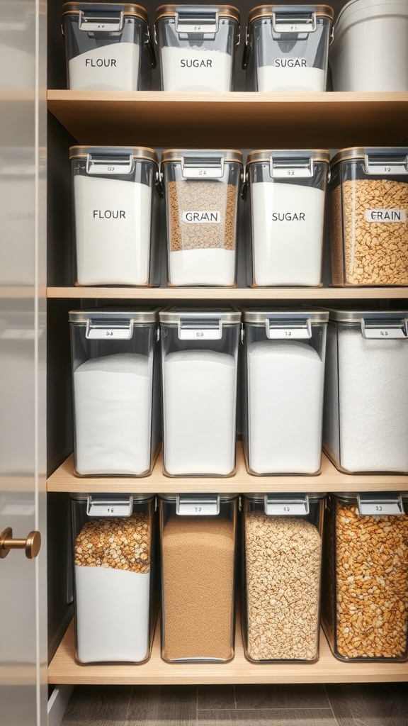 Neatly organized stackable storage containers labeled for flour, sugar, and grains on wooden shelves.