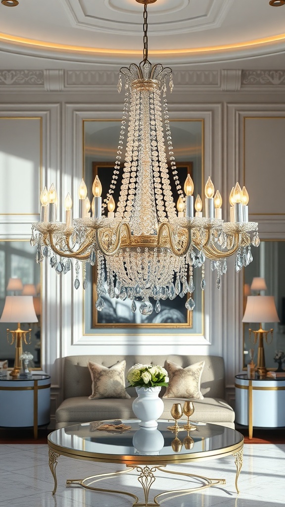 A luxurious living room featuring an ornate crystal chandelier above a stylish seating area.