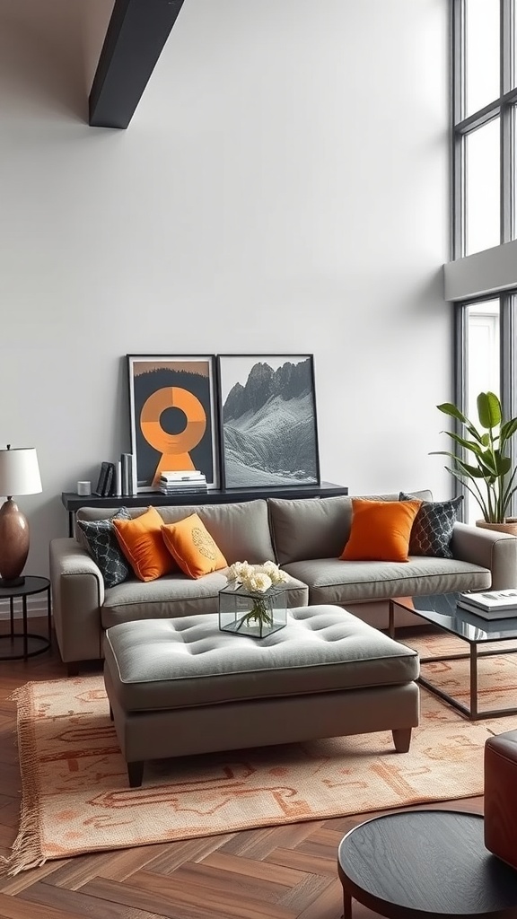 A contemporary living room with a gray sofa, orange cushions, a plush ottoman, and stylish decor.