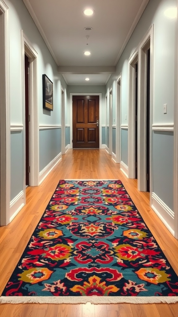 Colorful statement rug in a well-lit hallway with blue walls and wooden floors
