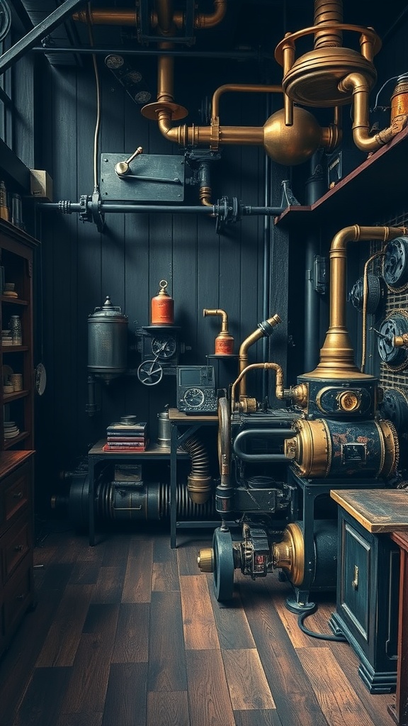 A steampunk-inspired room featuring intricate brass pipes, vintage machinery, and dark wooden furniture.