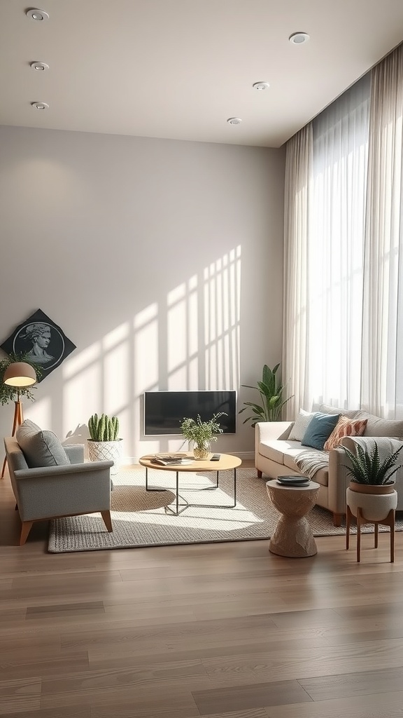 A minimalist living room with natural light streaming through large windows, featuring recessed lighting and plants for decoration.