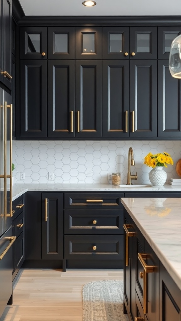 A modern kitchen featuring black cabinets with gold accents and a white hexagon backsplash.