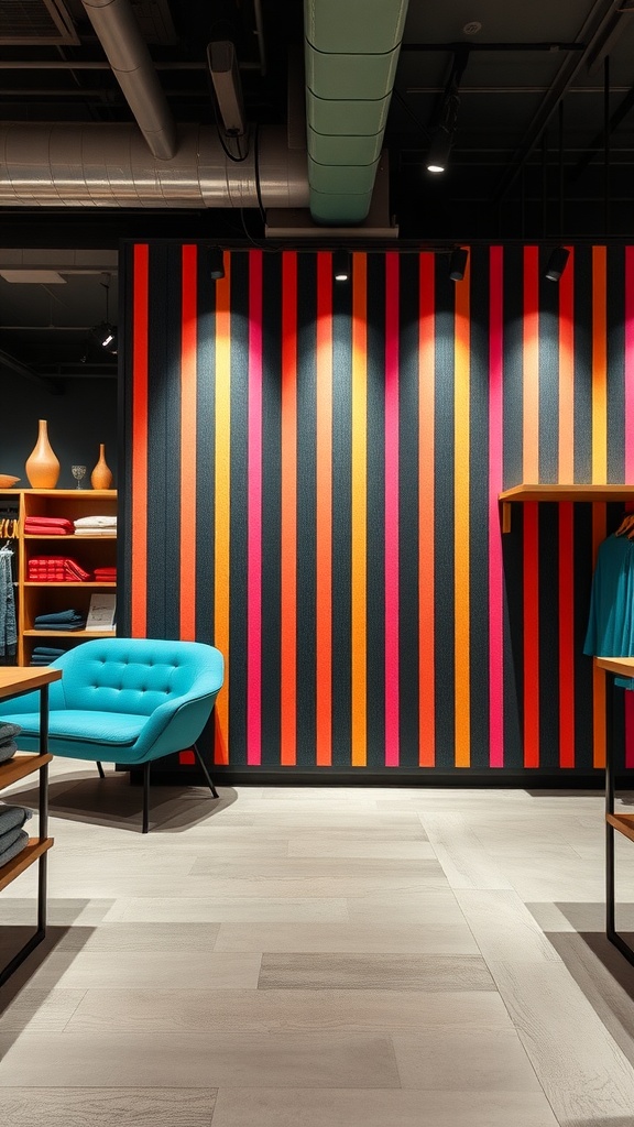 A brightly colored striped accent wall with a blue chair and wooden shelving.