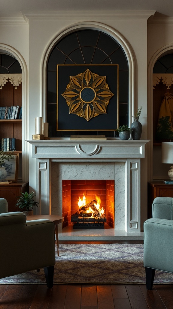 Stylish Art Deco fireplace with a marble finish and geometric artwork above it