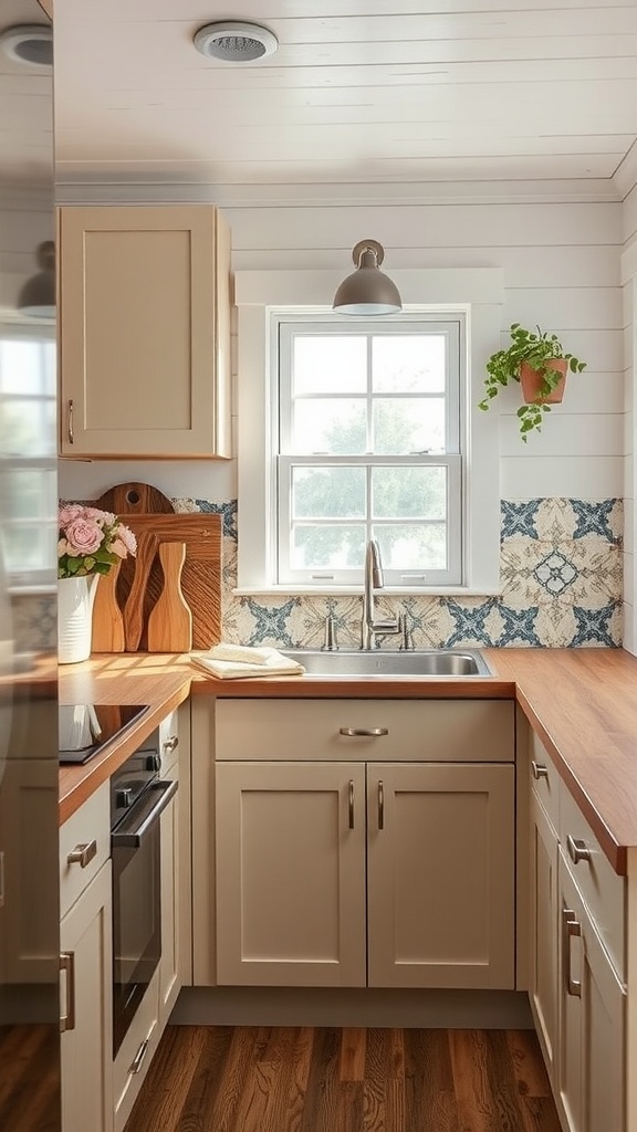 Stylish kitchen backsplash with a blue pattern, light cabinets and wooden countertops
