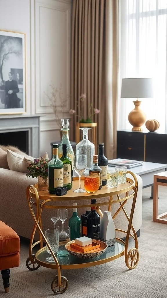Stylish bar cart with various bottles and glasses in a glamorous living room.