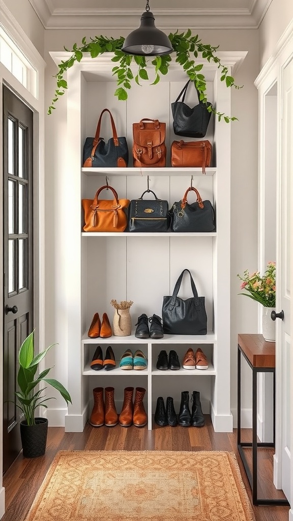 A stylish entryway built-in shelf displaying bags and shoes with plants and a light fixture.