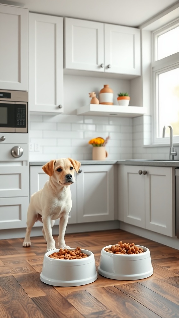 A dog standing near two food bowls in a modern kitchen