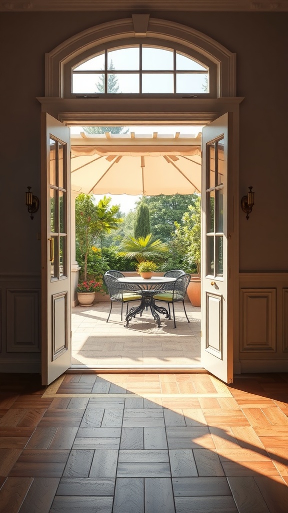 Open French doors leading to a patio with a table and chairs surrounded by greenery.