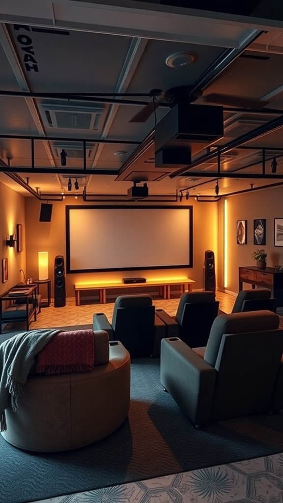 Stylish home theater setup with a large screen and comfortable seating.