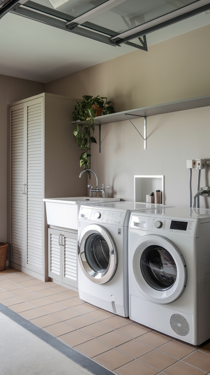 A stylish laundry room with modern washer and dryer, open shelves with plants, and a wooden countertop.