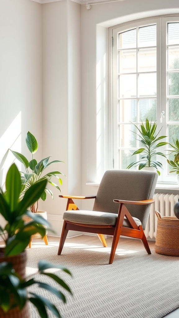 A stylish mid-century modern accent chair in a bright, plant-filled room