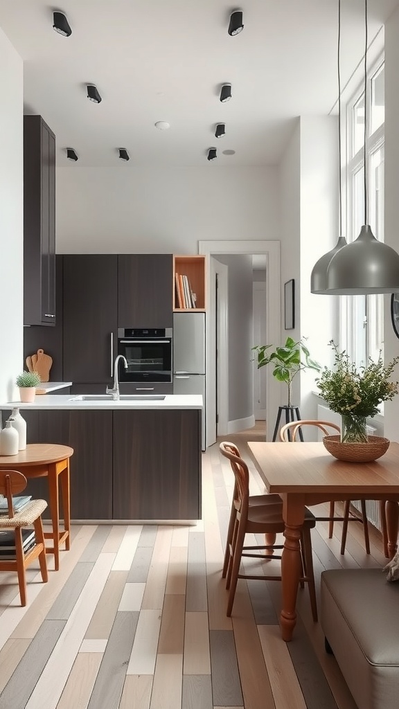 Stylish Scandinavian kitchen with dark cabinets, light countertops, wooden dining table, and potted plants.