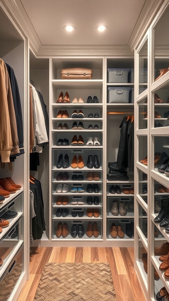 Stylish walk-in closet with neatly arranged shoes on display
