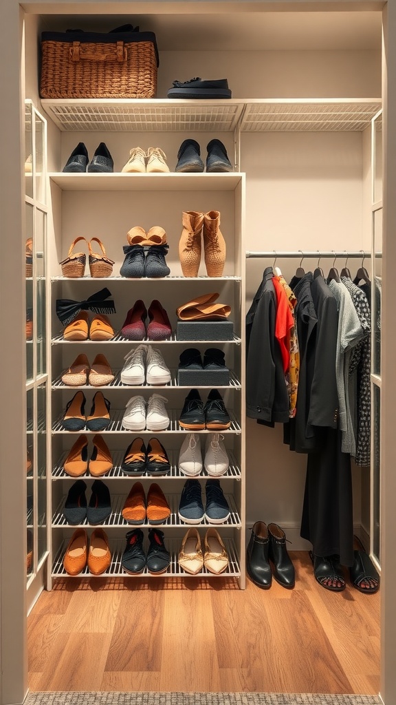 A well-organized closet with shelves displaying various shoes and a woven basket on top.