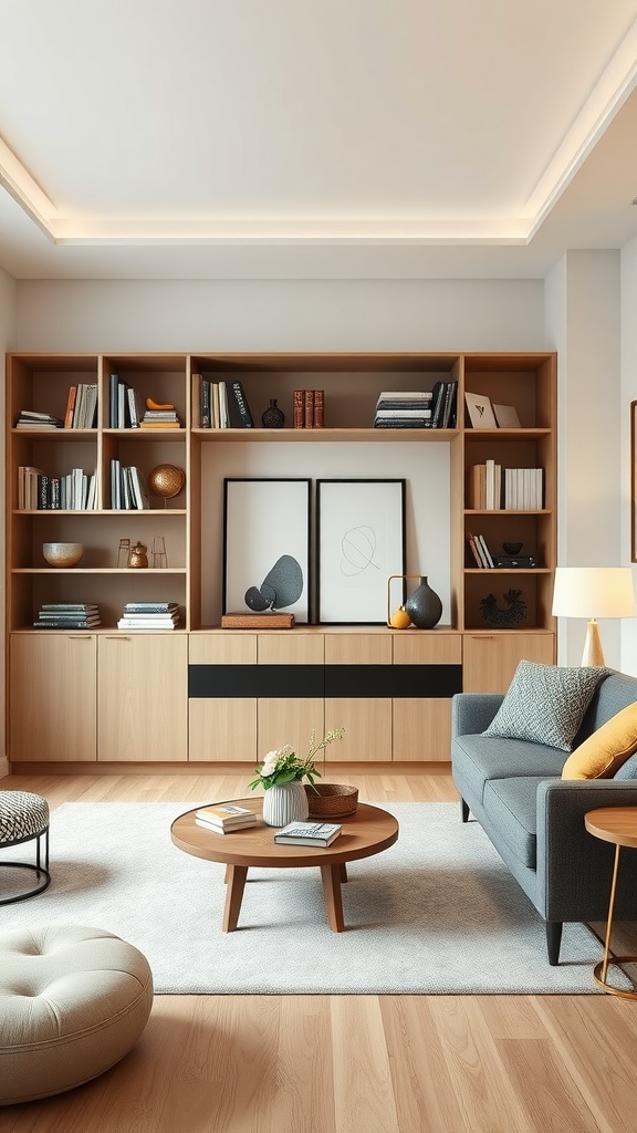 A modern living room featuring stylish storage solutions with wooden shelves, a round coffee table, and a cozy seating area.