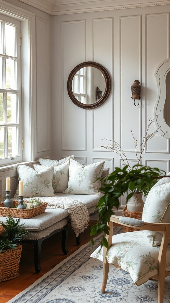Cozy living space featuring floral cushions, woven baskets, and a soft throw, showcasing French country textile style.