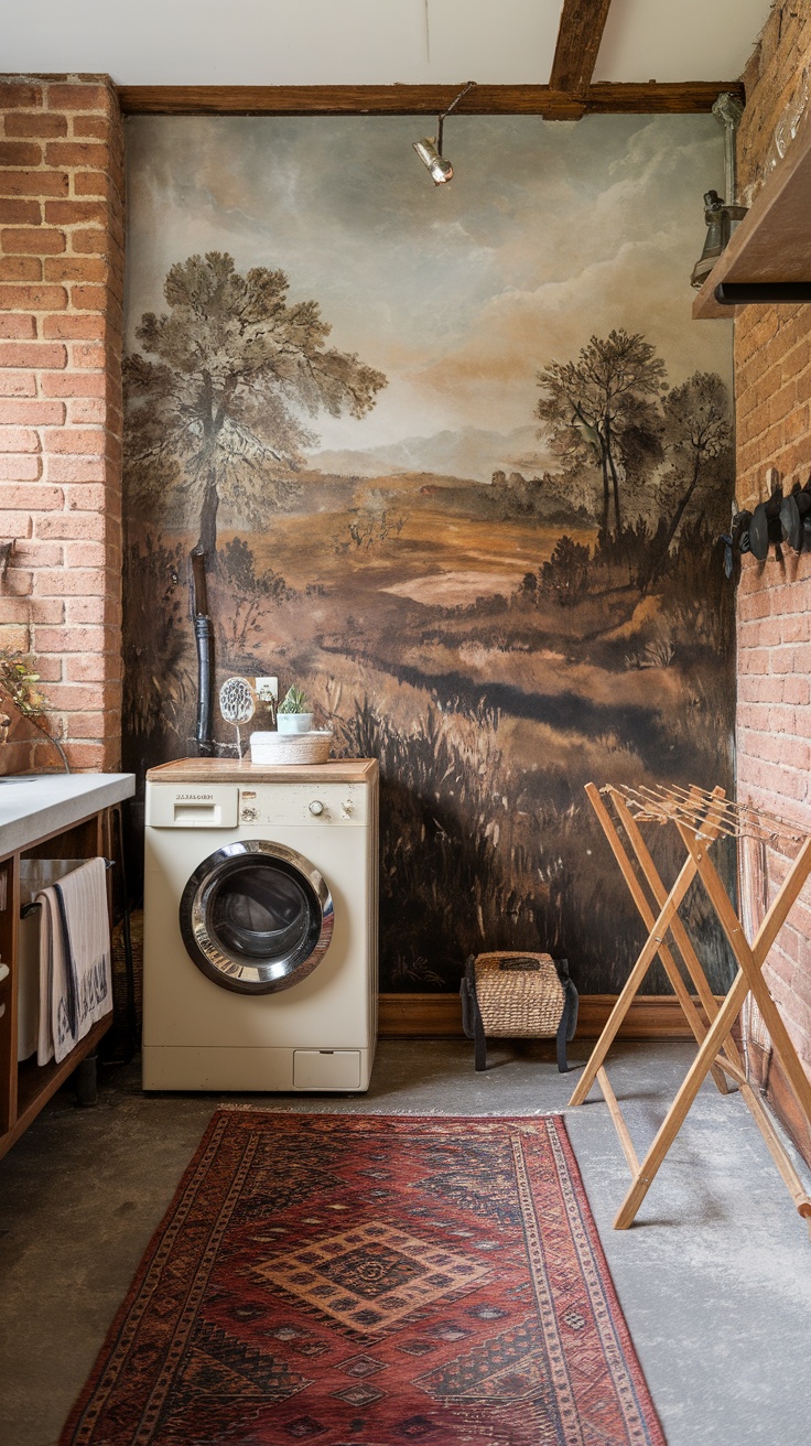 A modern utility room featuring a washing machine, dryer, artistic mural, and stylish decor