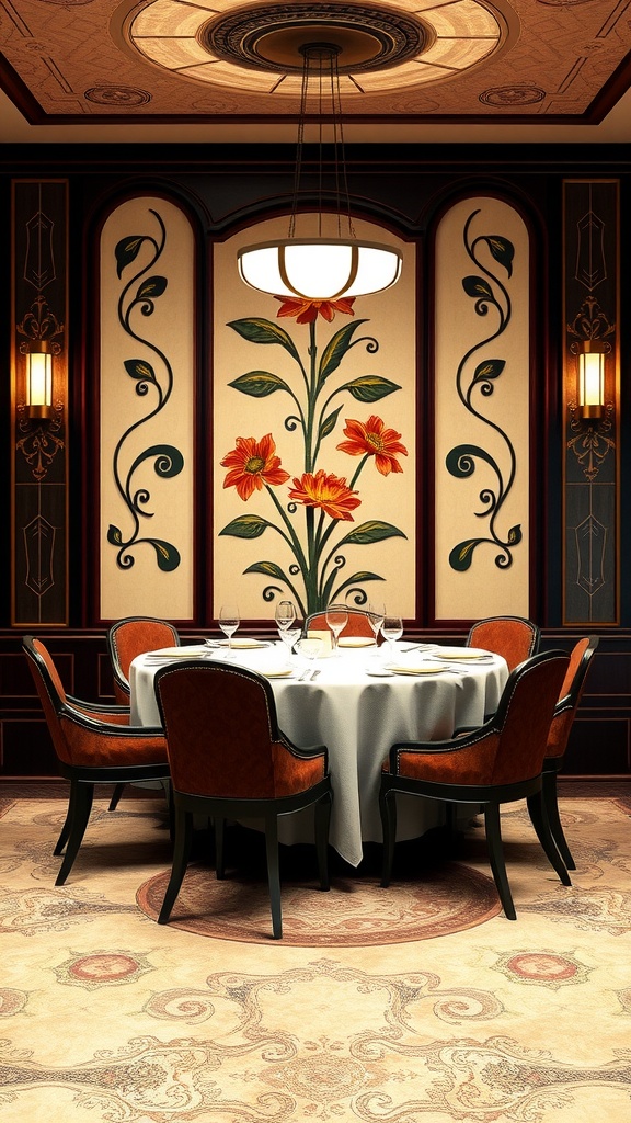 Art Deco dining room with stylized floral mural and elegant table setting