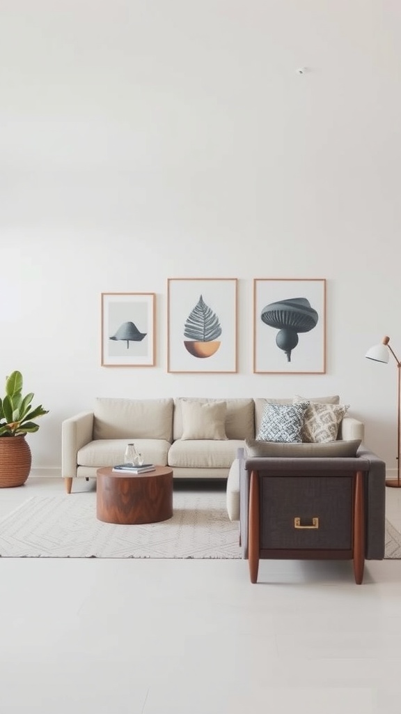 A minimalist living room featuring neutral tones, subtle patterns, and elegant decor including artwork and a plant.