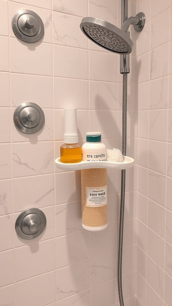 Suction cup shelf holding shower items including shampoo and body wash in a bathroom