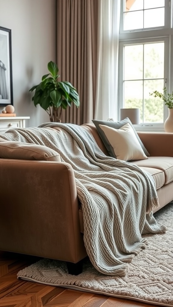 A cozy living room featuring a soft, knitted throw blanket draped over a stylish sofa, with a plant and decorative pillows.