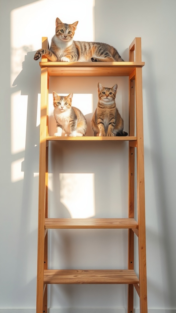 A wooden ladder shelf with three cats sitting on it, basking in sunlight.