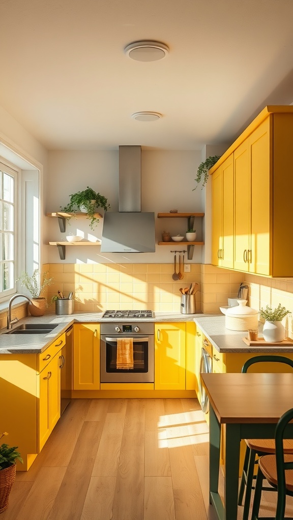 A kitchen featuring bright yellow cabinets, a stainless steel range hood, and natural light streaming in from the windows.