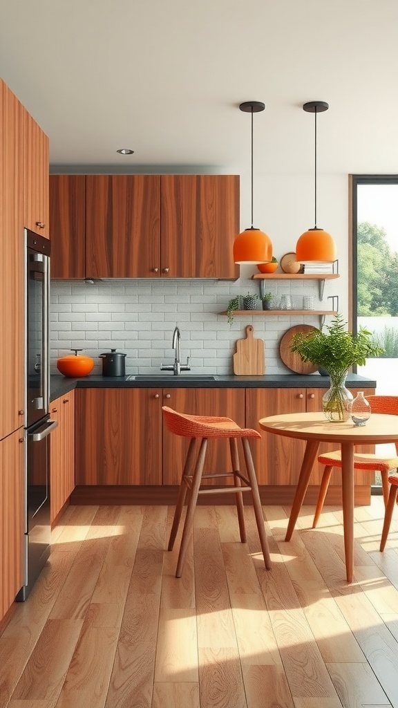 A modern kitchen with sunset orange accents in lighting and seating, featuring wood cabinetry and a sleek countertop.