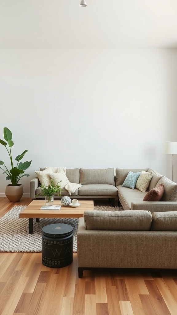 A contemporary living room featuring a cozy sectional sofa with sustainable upholstery, a wooden coffee table, and a potted plant.