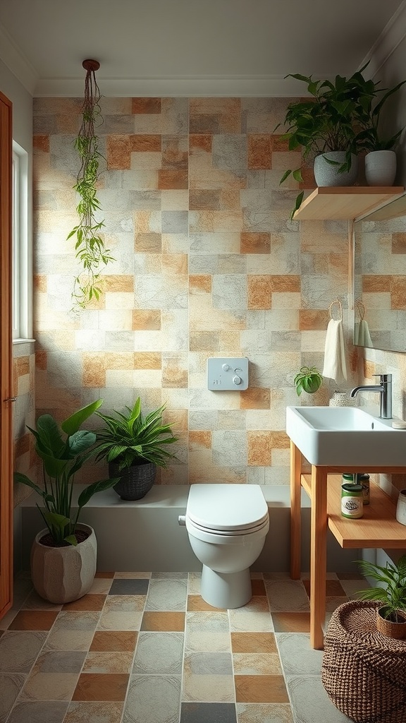 A contemporary bathroom featuring sustainable materials with earthy tiles, wooden shelves, and green plants.