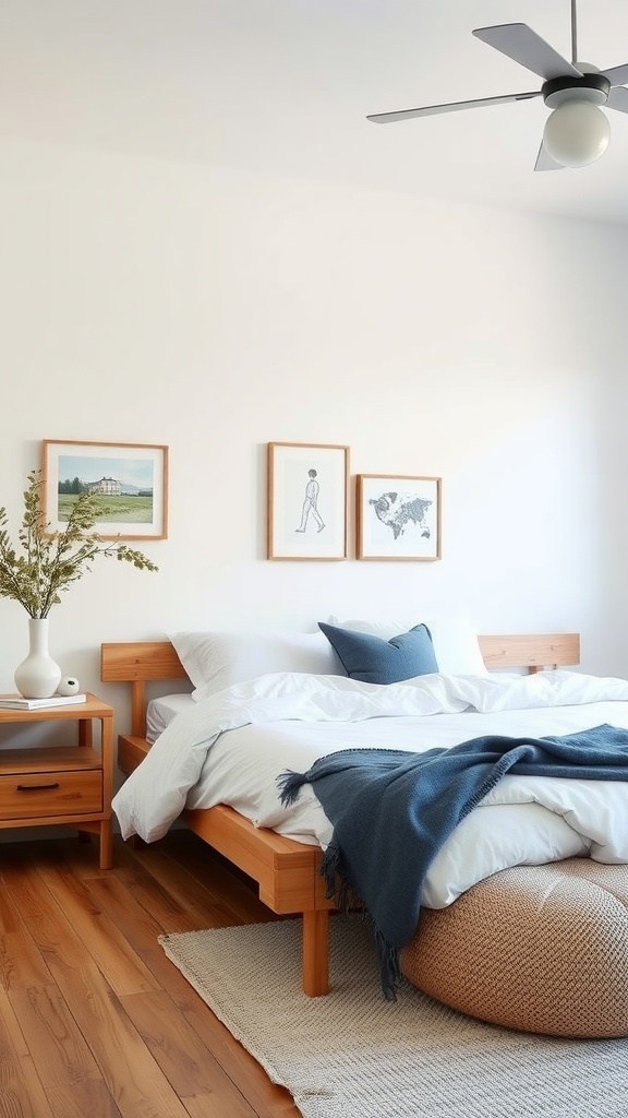 A Scandinavian bedroom featuring wooden furniture, a cozy bed, and eco-friendly decor.